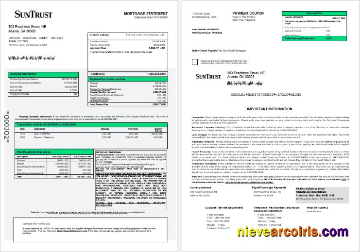 USA Georgian SunTrust bank mortgage statement 1-2